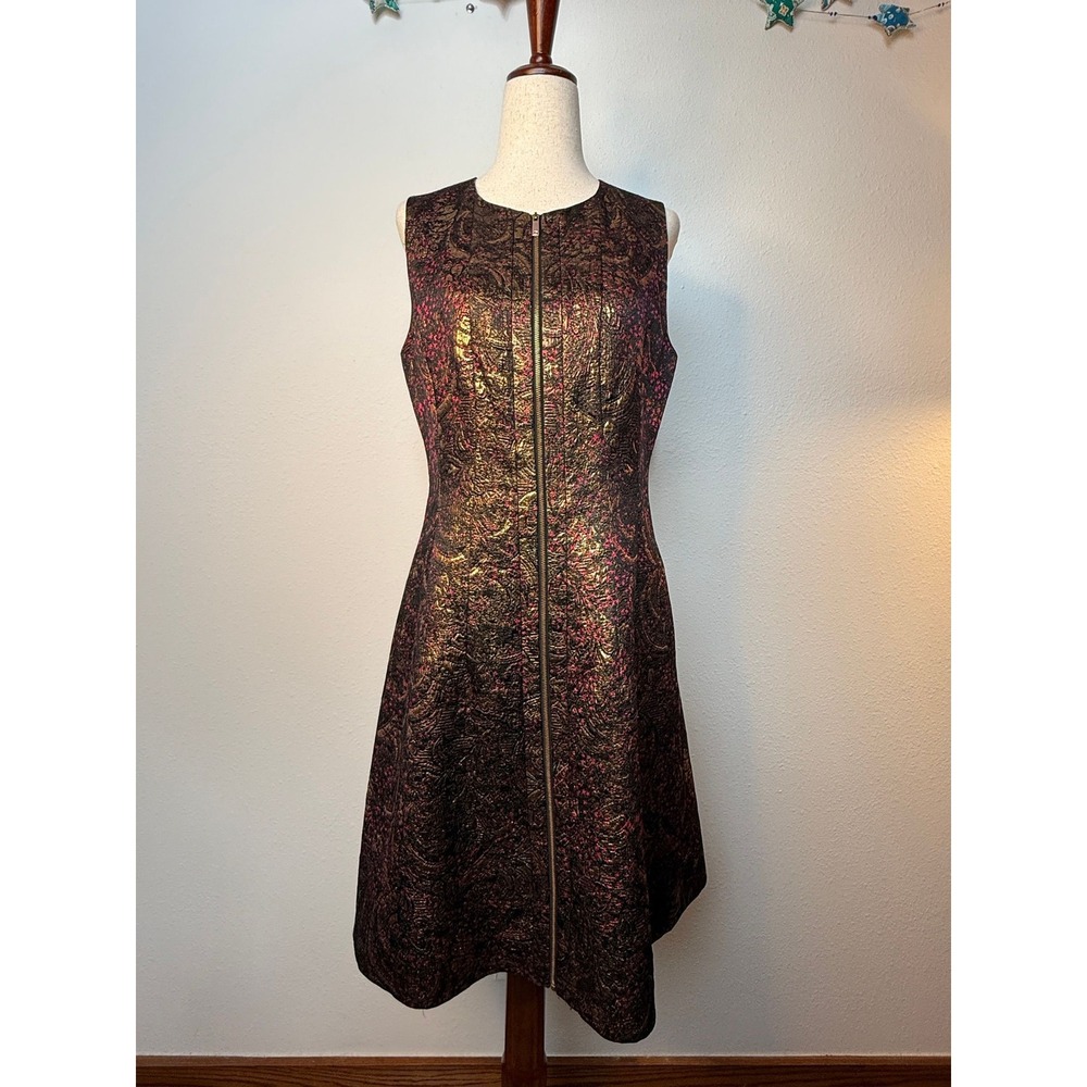 Lafayette 148 Metallic Gold Pink Zip Front Sleeveless A-Line Midi Dress